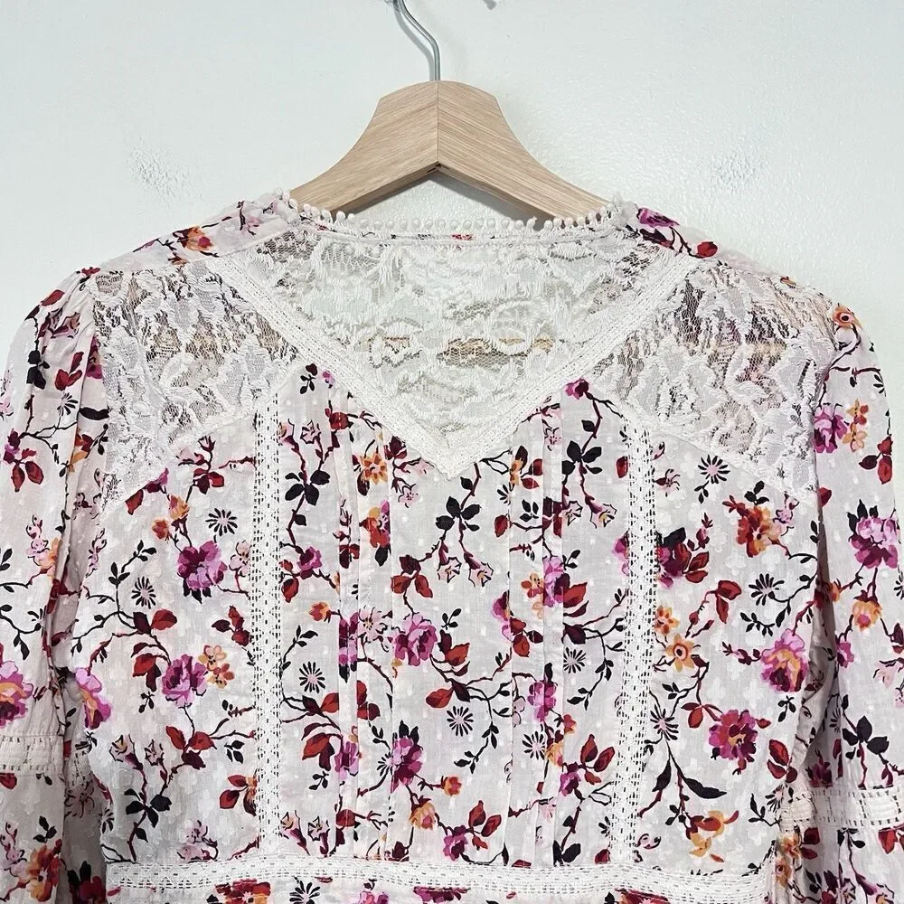 Anthropologie Puff Sleeve Floral Lace Trim Buttondown Blouse Top Size 4 Cottage
